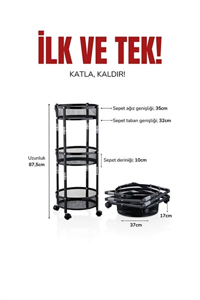 3 Katlı Pratik Katlanır Siyah Renk Tekerlekli Patates Soğanlık - Çok Amaçlı 87,5cm Metal Organizer