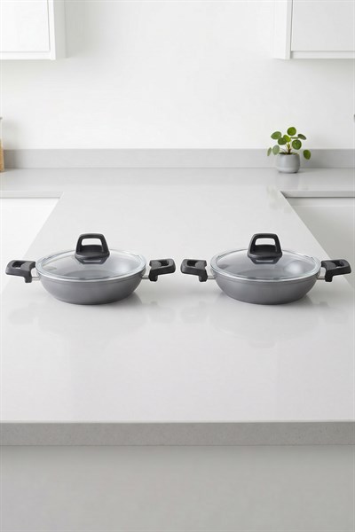 Taç Master Ceramica Cam Kapaklı 4 Parça Seramik Sahan Seti Gri (18-22 cm)
