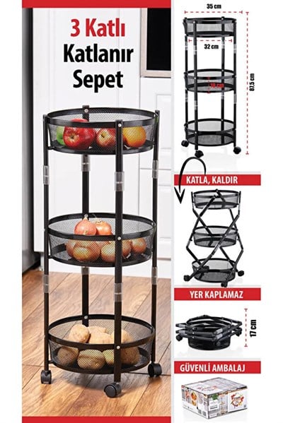 3 Katlı Pratik Katlanır Siyah Renk Tekerlekli Patates Soğanlık - Çok Amaçlı 87,5cm Metal Organizer