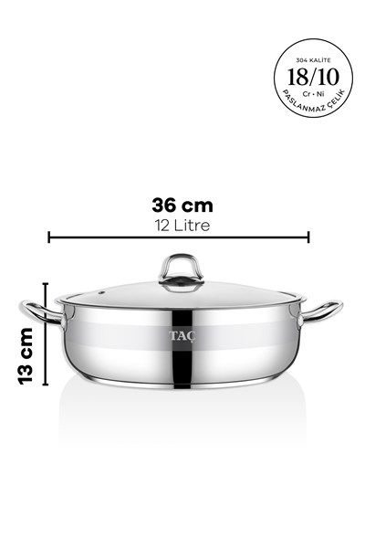 Taç Bengü Pro İndüksiyon Tabanlı Paslanmaz Çelik 36 Cm Basık Tencere 12 Litre