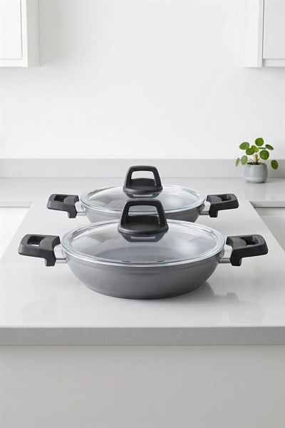Taç Master Ceramica Cam Kapaklı 4 Parça Seramik Sahan Seti Gri (18-22 cm)