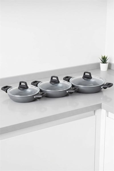 Taç Master Ceramica Cam Kapaklı 6 Parça Seramik Sahan Seti Gri (18-20-22 cm)