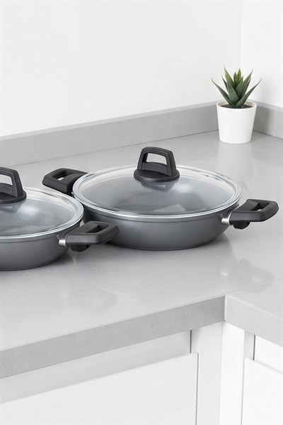Taç Master Ceramica Cam Kapaklı 6 Parça Seramik Sahan Seti Gri (18-20-22 cm)