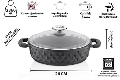Taç Bella Cam Kapak Döküm Basık Tencere 26 Cm Siyah