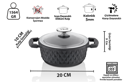 Taç Bella Cam Kapak Döküm Derin Tencere 20 Cm Siyah