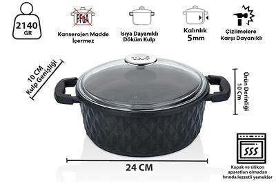 Taç Bella Cam Kapak Döküm Derin Tencere 24 Cm Siyah 