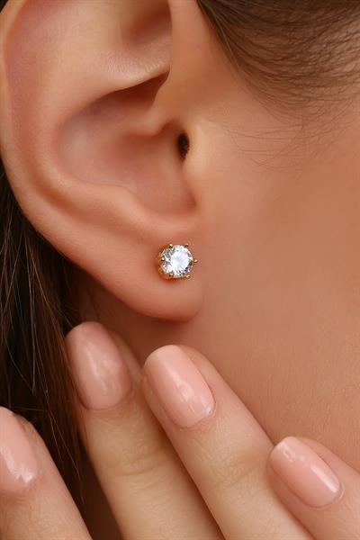 14 Ayar Altın 6 Tırnak Şık Tek Taş küpe