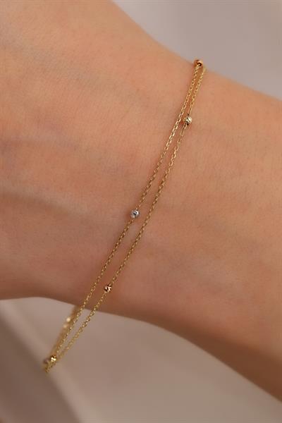 14 Ayar Altın Çift Zincir Renkli Dorika Toplu Bileklik