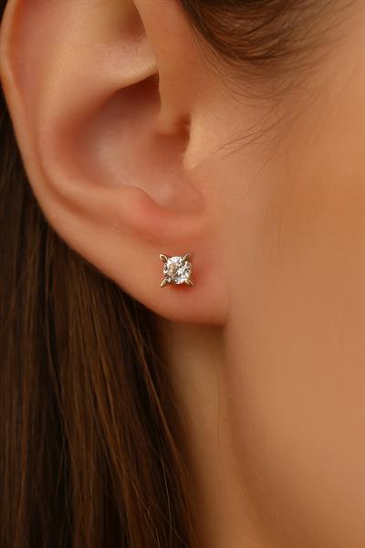 14 Ayar Altın Mekik Tırnak Şık Tek Taş küpe