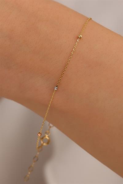 14 Ayar Altın Tek Zincir Renkli Dorika Toplu Bileklik