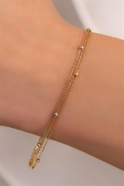 14 Ayar Altın Üç Zincir Renkli Dorika Toplu Bileklik