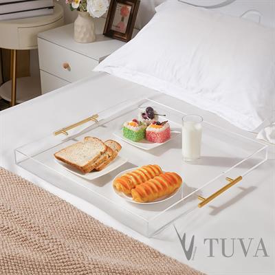 Altın Tutmaklı Modern Pleksi Tepsi | Tuva Premium Sunum ve Elit Dekoratif Servis Standı