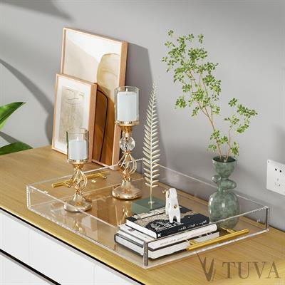 Altın Tutmaklı Modern Pleksi Tepsi | Tuva Premium Sunum ve Elit Dekoratif Servis Standı