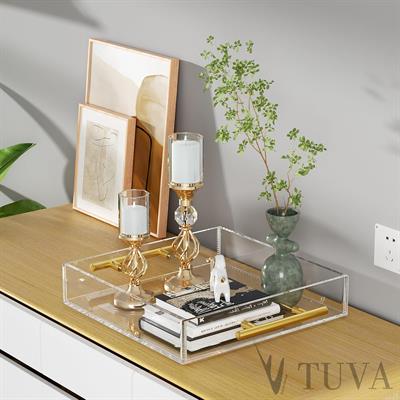 Altın Tutmaklı Modern Pleksi Tepsi | Tuva Premium Sunum ve Elit Dekoratif Servis Standı