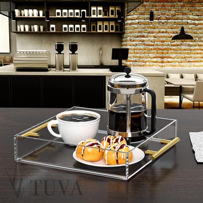 Altın Tutmaklı Modern Pleksi Tepsi | Tuva Premium Sunum ve Elit Dekoratif Servis Standı