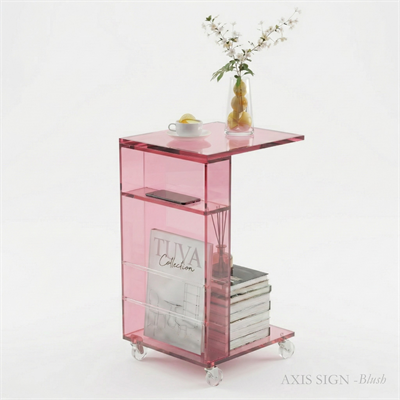 AXIS SIGN | Şeffaf Çubuk Detay Raflı Elit Post-Modern Tasarım Tekerlekli Yan C Sehpa | Tuva Yeni Nesil Mobilya