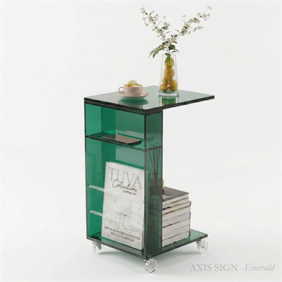 AXIS SIGN | Şeffaf Çubuk Detay Raflı Elit Post-Modern Tasarım Tekerlekli Yan C Sehpa | Tuva Yeni Nesil Mobilya