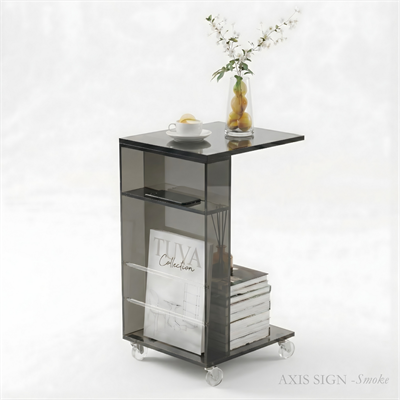 AXIS SIGN | Şeffaf Çubuk Detay Raflı Elit Post-Modern Tasarım Tekerlekli Yan C Sehpa | Tuva Yeni Nesil Mobilya