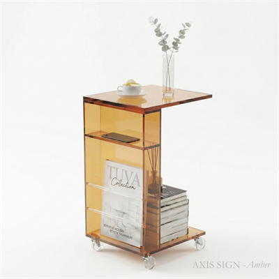 AXIS SIGN | Şeffaf Çubuk Detay Raflı Elit Post-Modern Tasarım Tekerlekli Yan C Sehpa | Tuva Yeni Nesil Mobilya