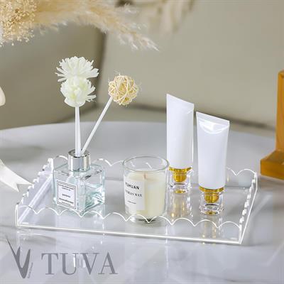 Dalgalı Kenar Minimalist Tasarımlı Şeffaf Pleksi Dekoratif Tepsi | Tuva Modern Masaüstü Organizer