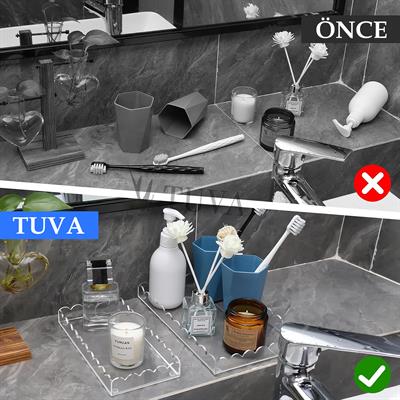 Dalgalı Kenar Minimalist Tasarımlı Şeffaf Pleksi Dekoratif Tepsi | Tuva Modern Masaüstü Organizer