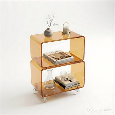 DUET | Çift Katlı Şeffaf Pleksi Tekerlekli Yan Sehpa & Kıvrımlı Raf Ünitesi Komodin