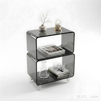 DUET | Çift Katlı Şeffaf Pleksi Tekerlekli Yan Sehpa & Kıvrımlı Raf Ünitesi Komodin