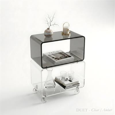 DUET | Çift Katlı Şeffaf Pleksi Tekerlekli Yan Sehpa & Kıvrımlı Raf Ünitesi Komodin
