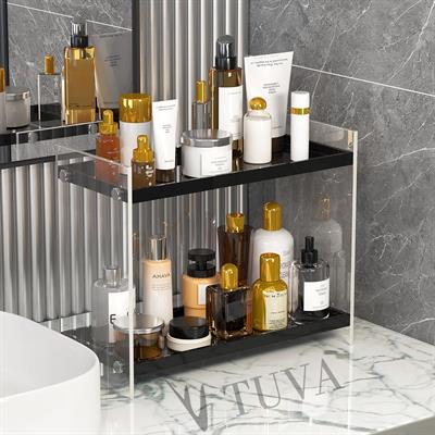 Düz Şık Kesim Yan Panelli İki Kat Siyah Raflı Minimal Premium Tuva Pleksi Makyaj & Parfüm Organizer | Tuva Elit Dekorasyon