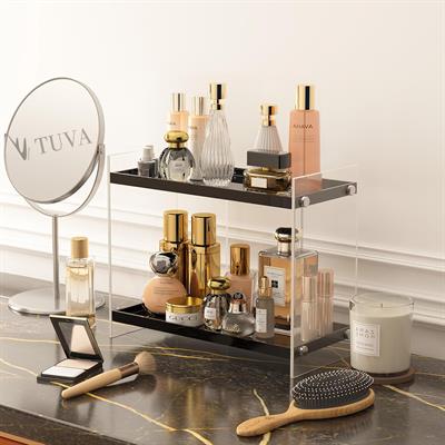 Düz Şık Kesim Yan Panelli İki Kat Siyah Raflı Minimal Premium Tuva Pleksi Makyaj & Parfüm Organizer | Tuva Elit Dekorasyon