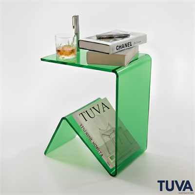 Elan – Tek Parça Bükümlü Şeffaf Akrilik Modern Sehpa | Çarpraz Dengeli Avangard Tasarım | Tuva Premium Mobilya