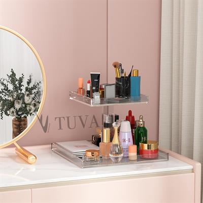 İki Kat Raflı Modern Lüks Çok Amaçlı Kozmetik Makyaj Organizeri Banyo Düzenleyici Stand Tepsisi | Tuva Premium Tasarım