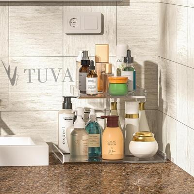 İki Kat Raflı Modern Lüks Çok Amaçlı Kozmetik Makyaj Organizeri Banyo Düzenleyici Stand Tepsisi | Tuva Premium Tasarım