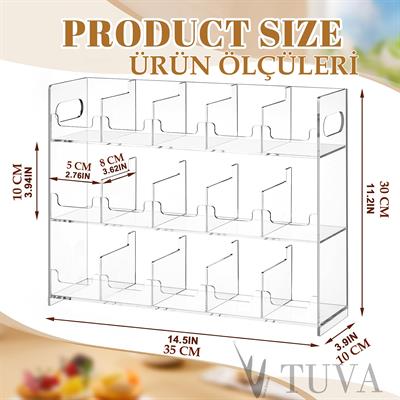 Modern Tuva Akrilik 3 Katlı 15 Bölme Şeffaf Pleksi Çay Poşeti Paketi Ürün Standı | Premium Organizer Düzenleyici | Elit Dekorasyon