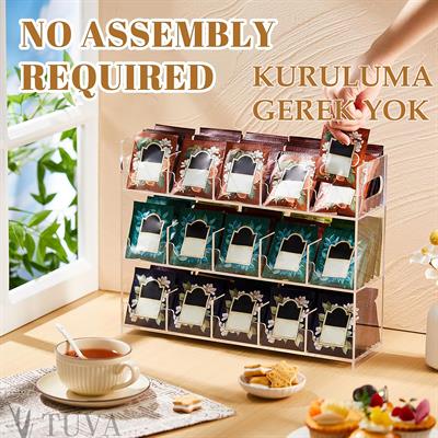 Modern Tuva Akrilik 3 Katlı 15 Bölme Şeffaf Pleksi Çay Poşeti Paketi Ürün Standı | Premium Organizer Düzenleyici | Elit Dekorasyon