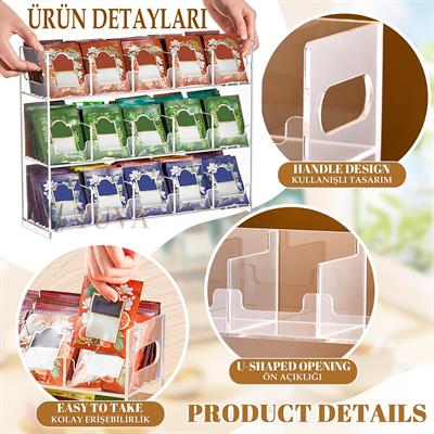 Modern Tuva Akrilik 3 Katlı 15 Bölme Şeffaf Pleksi Çay Poşeti Paketi Ürün Standı | Premium Organizer Düzenleyici | Elit Dekorasyon
