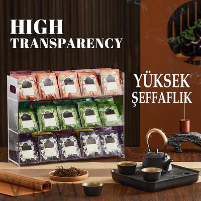 Modern Tuva Akrilik 3 Katlı 15 Bölme Şeffaf Pleksi Çay Poşeti Paketi Ürün Standı | Premium Organizer Düzenleyici | Elit Dekorasyon