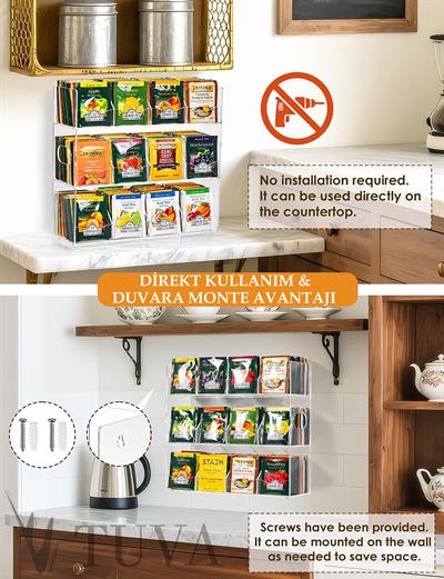Modern Tuva Pleksi Üç Kat 12 Bölme İç Tutamaklı Dalga Kenarlı Çay Poşet ve Atıştırmalık Düzenleyici | Elit Dekorasyon