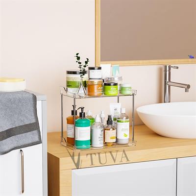 Şeffaf Pleksi Modern Çubuk Ayaklı İki Kat Makyaj, Takı, Kozmetik Organizer Düzenleyici | Tuva Premium Tasarım