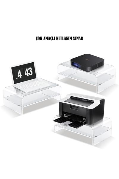 Bükümlü Şeffaf Pleksi Monitör Standı – Ara Raflı Yükseltilmiş Ergonomi & Modern Tasarım | TUVA Elit Mobilya