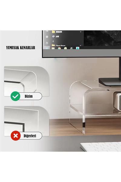Bükümlü Şeffaf Pleksi Monitör Standı – Ara Raflı Yükseltilmiş Ergonomi & Modern Tasarım | TUVA Elit Mobilya
