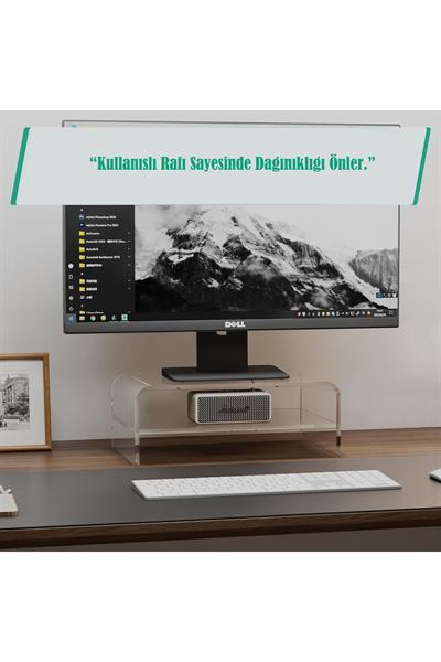 Bükümlü Şeffaf Pleksi Monitör Standı – Ara Raflı Yükseltilmiş Ergonomi & Modern Tasarım | TUVA Elit Mobilya