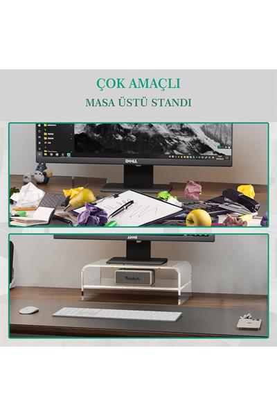 Bükümlü Şeffaf Pleksi Monitör Standı – Ara Raflı Yükseltilmiş Ergonomi & Modern Tasarım | TUVA Elit Mobilya