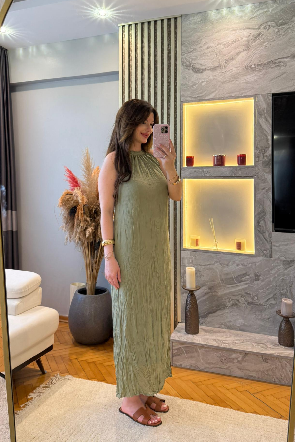 Halter Yaka Kırışık Kumaş Elbise