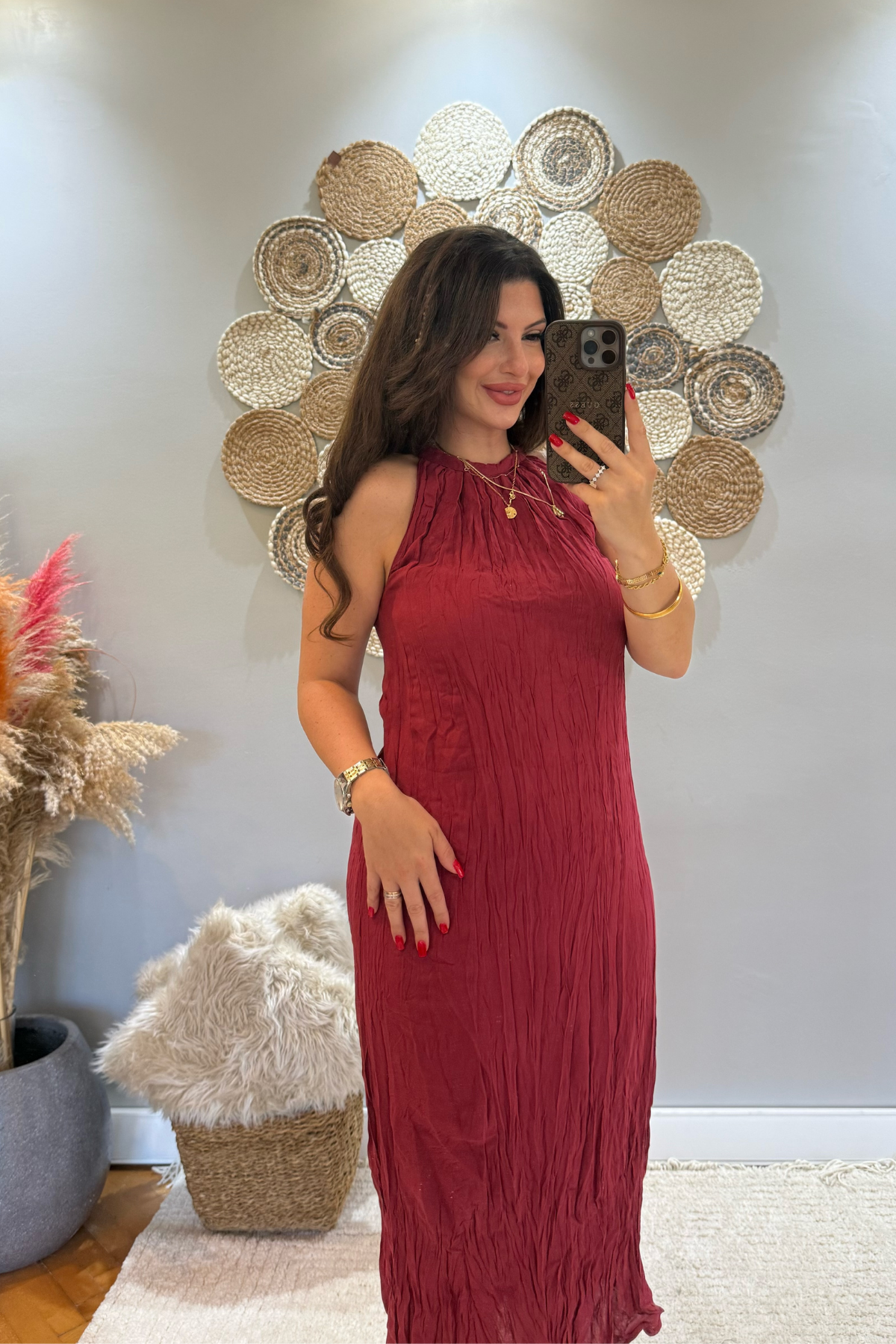 Halter Yaka Kırmızı  Kırışık Kumaş Elbise