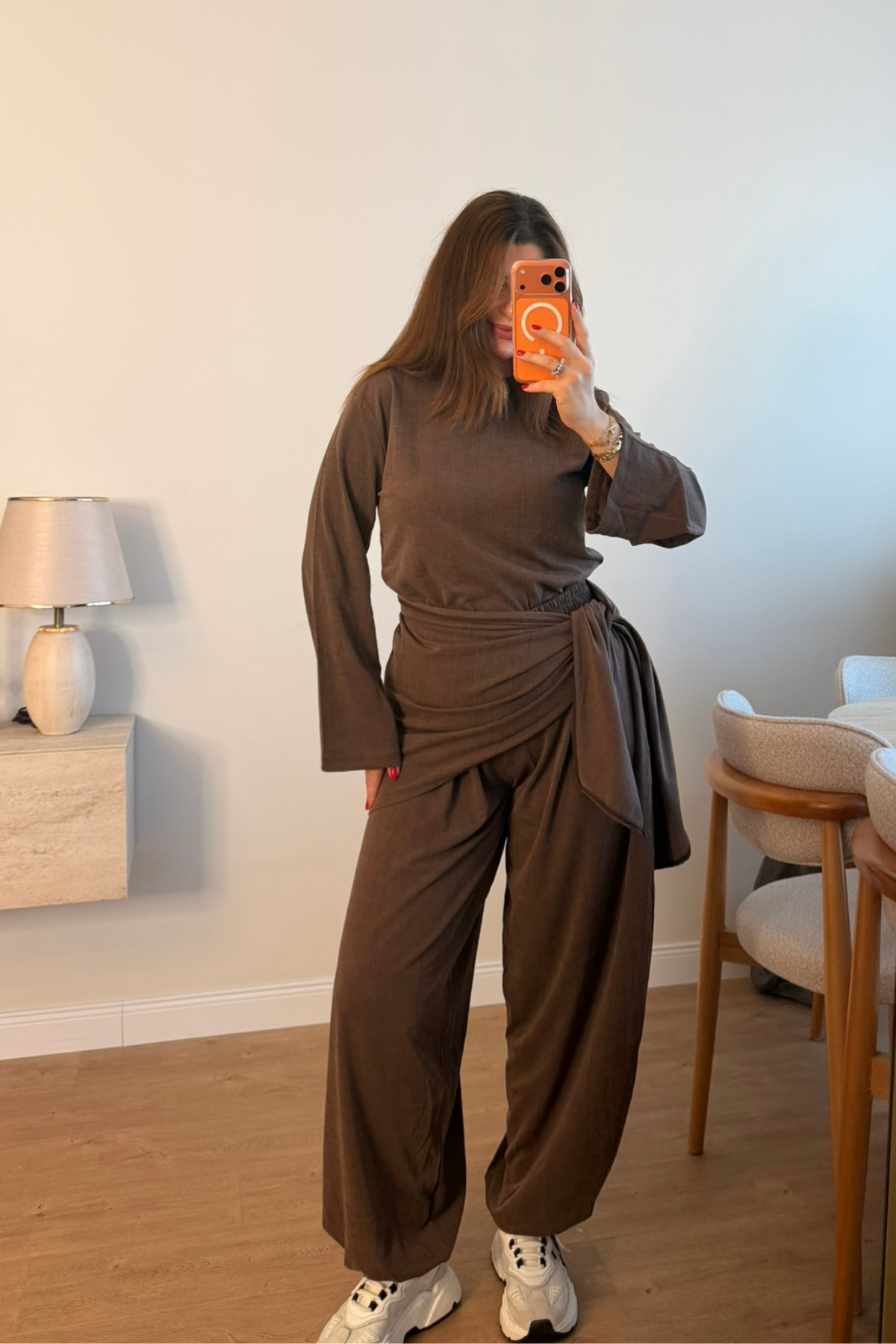 Kahve Bluz Şal Detaylı Beli Lastikli Şalvar Pantolon Takım