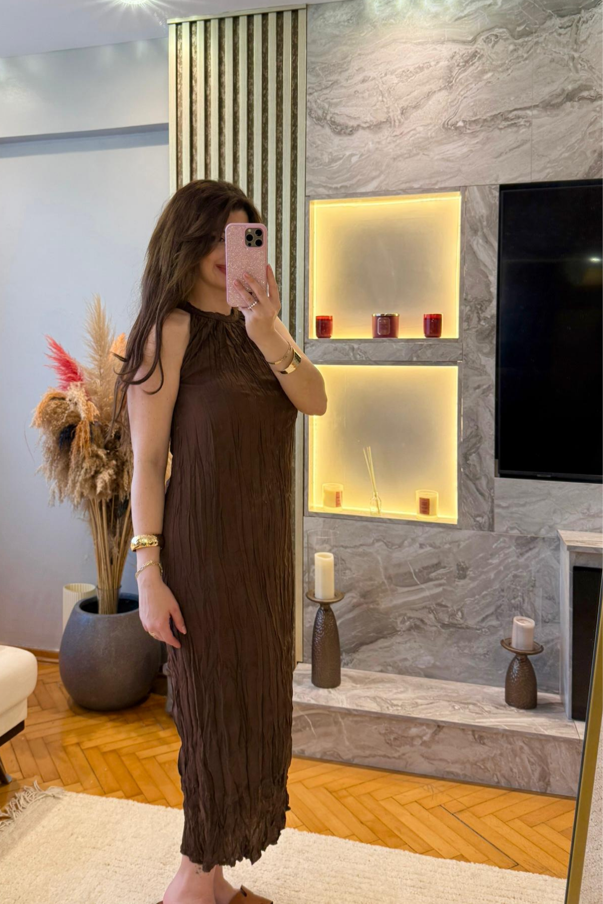 Kahve Kırışık Kumaş Elbise
