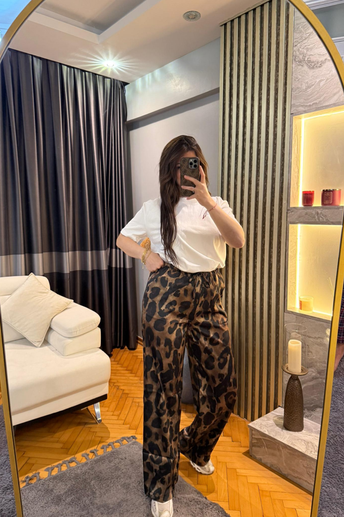 Leopar Kahve Saten Pantalon