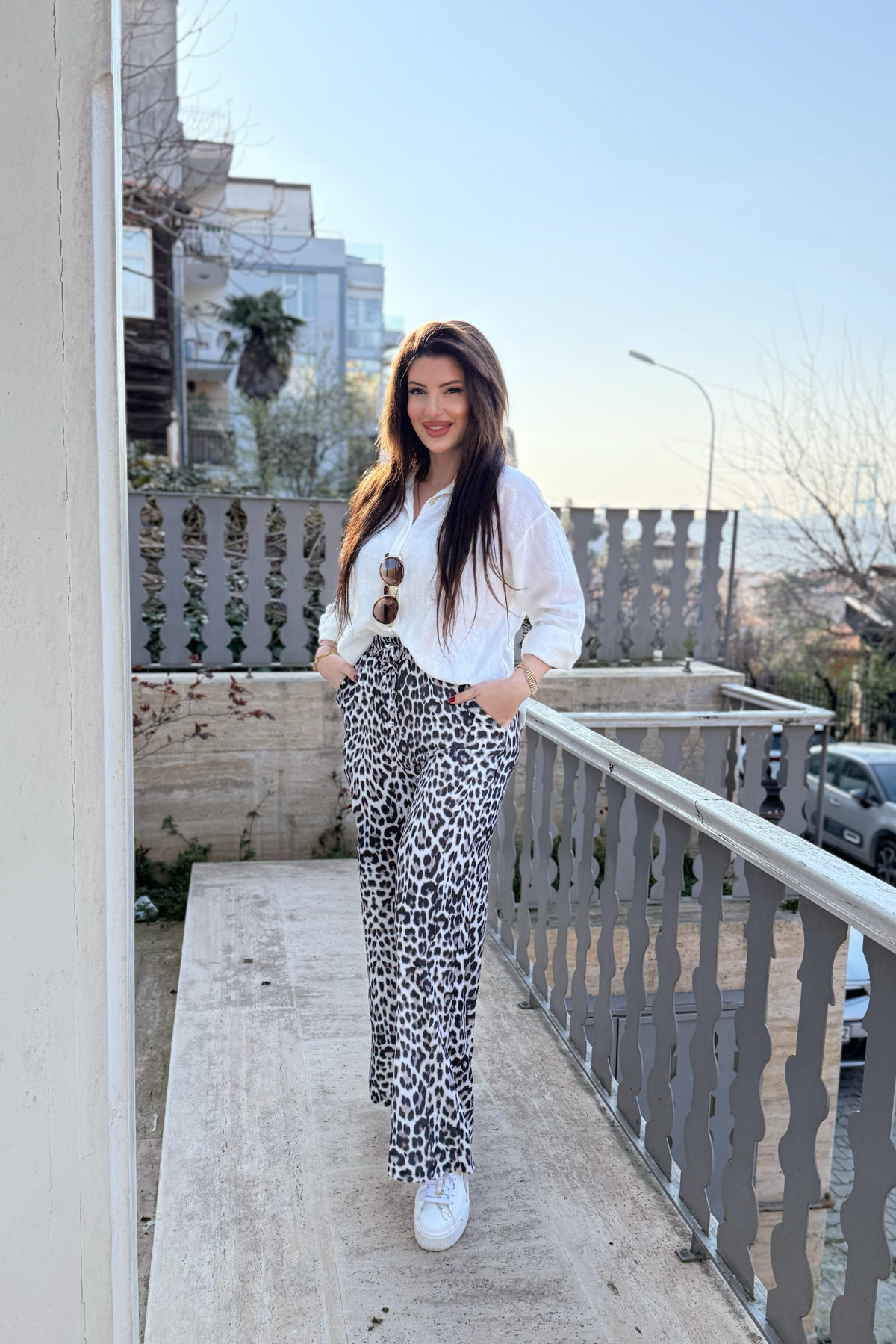 Leopar Saten Palazzo Pantalon
