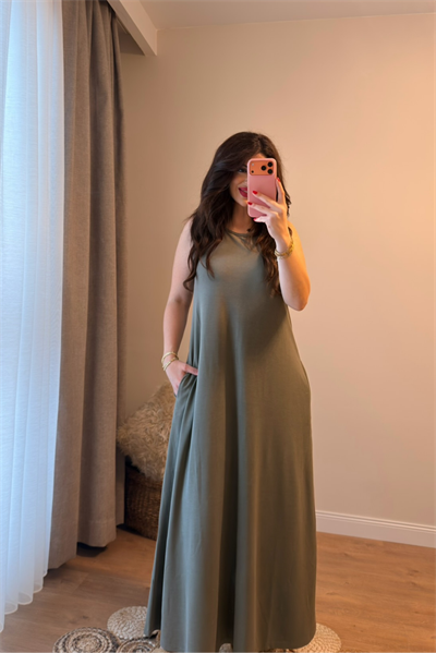 Haki Sıfır Kol Basic Modal Elbise